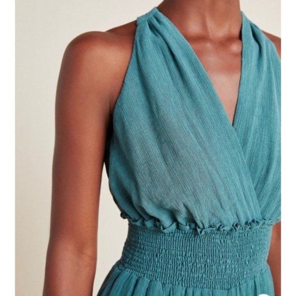 By Anthropologie Green Bionda Plisse Wide Leg Jump Suit Size Medium Petite - Picture 4 of 11